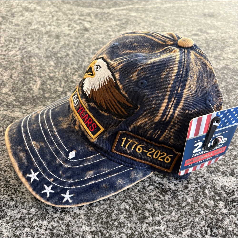 NWT Unisex USA 250th Anniversary Bald Eagle Baseball Hat - OSFM - Blue Acid Wash - Picture 2 of 5